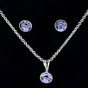 Silver-Tone Violet Crystal Necklace & Stud Earrings Jewelry Set